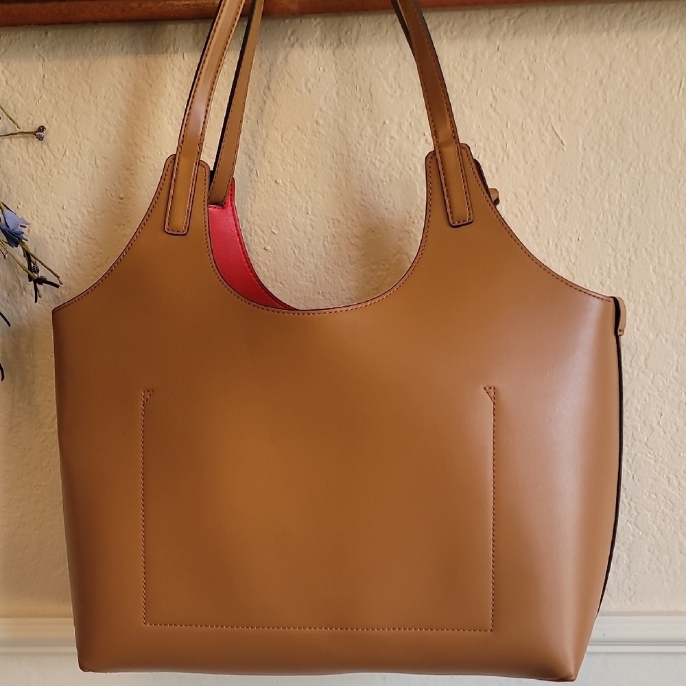 Halston Heritage Brown Tote with Vibrant Red Lining - Picture 10 of 11